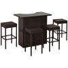 5-Piece Rattan Wicker Bar Set with Glass Top Table, 2 Tier Storage Shelf, and 4 Bar Stools for Outdoor, Patio, Garden, Brown