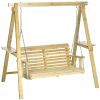 2-Seat Porch Swing Loveseat with Stand and Side Tables, Wooden Patio Swing Chair, for Garden, Poolside, Backyard