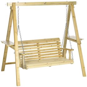 2-Seat Porch Swing Loveseat with Stand and Side Tables, Wooden Patio Swing Chair, for Garden, Poolside, Backyard