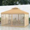 10x12 Patio Gazebo Brown with Corner Frame Shelves Double Roof Outdoor Shelter