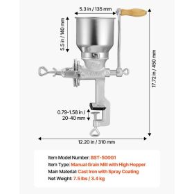 Manual Grain Mill With High Hopper, Hand-Crank Corn Grinder, Heavy Duty Cast Iron Wheat Grinding Mill With Stable Table Clamp For Grains Spices C (Option: Black)