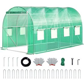 Walk-in Tunnel Greenhouse with Watering System Heavy Duty Portable Green House Protect Gardening Plants 1 Zipper Mesh Door, 8 Roll-up Windows (Color: green, size: 20ft)