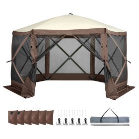 Pop Up Gazebo Tent, Pop-Up Screen Tent 6 Sided Canopy Sun Shelter with 6 Removable Privacy Wind Cloths & Mesh Windows (Color: Brown, Item Size: 11.5 x 11.5 ft)